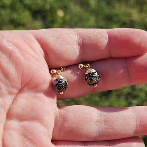 14K Yellow Gold Black Enamel Cloisonné Flower Floral Ball Drop Earrings